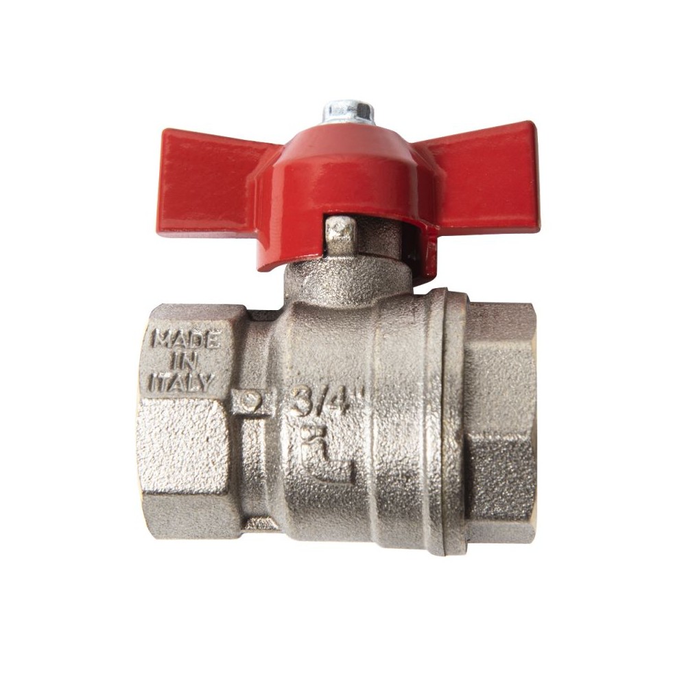 Ball valve handle nickel with red lever and 3/4" female threads