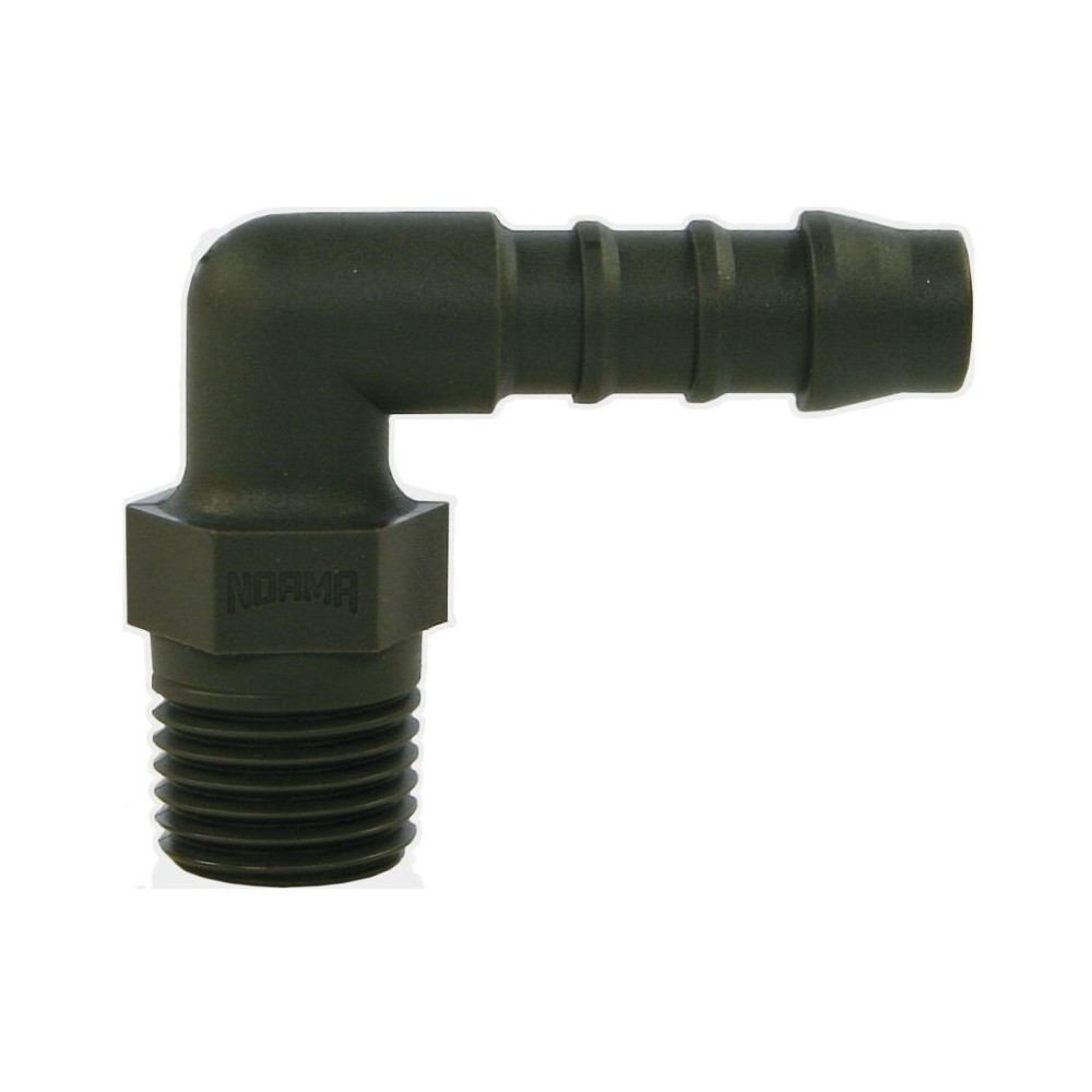 Hose tail plastic male 90° fitting 3/8" to 8mm