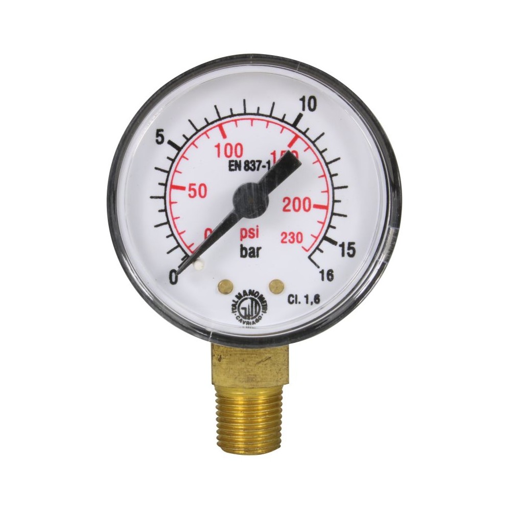 Pressure gauge bar bottom inlet 0-16 bar with 1/8" male connection
