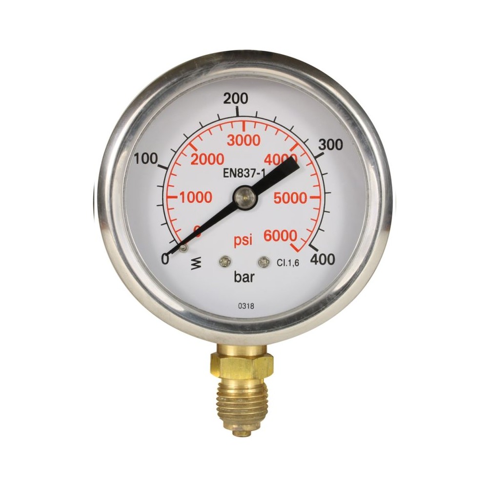 Pressure gauge bar with bottom entry, 0-400 bar, 63mm dial