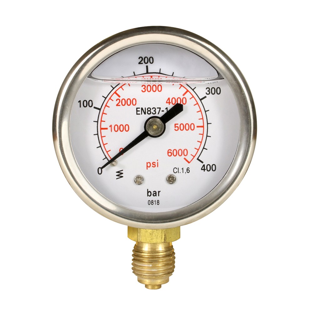 Pressure gauge bar with bottom entry, 0-400 bar, 63mm dial
